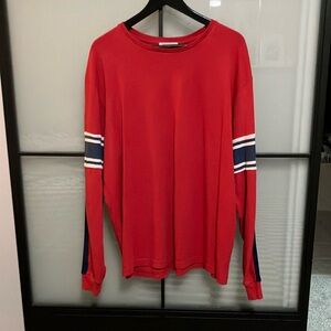Classic Red Crew Neck Sweater with Navy Stripes